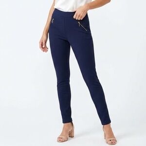 Zudio Navy Blue Ponte Knit Leggings Gold Zipper Detail Slim Fit Pants Size M